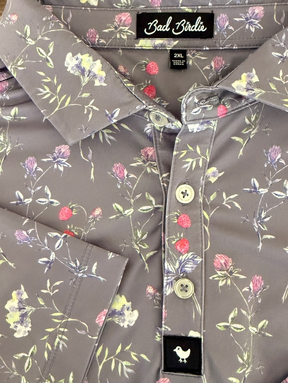 Bad Birdie Men's “Lush” Floral Button-Up Shirt in Taupe with Pink Accents - XXL